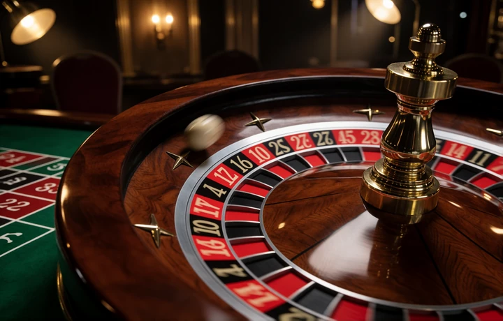 Rotierendes Roulette-Rad mit fliegender Kugel und gr&uuml;nem Tischlayout als Symbolbild f&uuml;r Online-Roulette bei V.Vegas