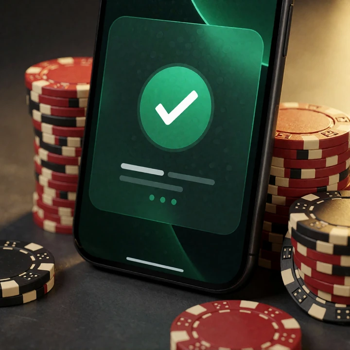 Smartphone mit best&auml;tigter Auszahlung neben Casino-Chips als Symbolbild f&uuml;r schnelle Auszahlungen im Online Casino