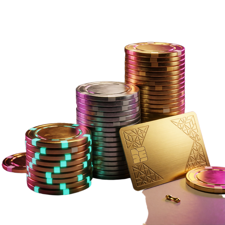 Stufenpodest aus Bronze-, Silber- und Gold-Chips mit goldener Mitgliedskarte als Symbolbild f&uuml;r die VIP-Level und Cashback-Stufen