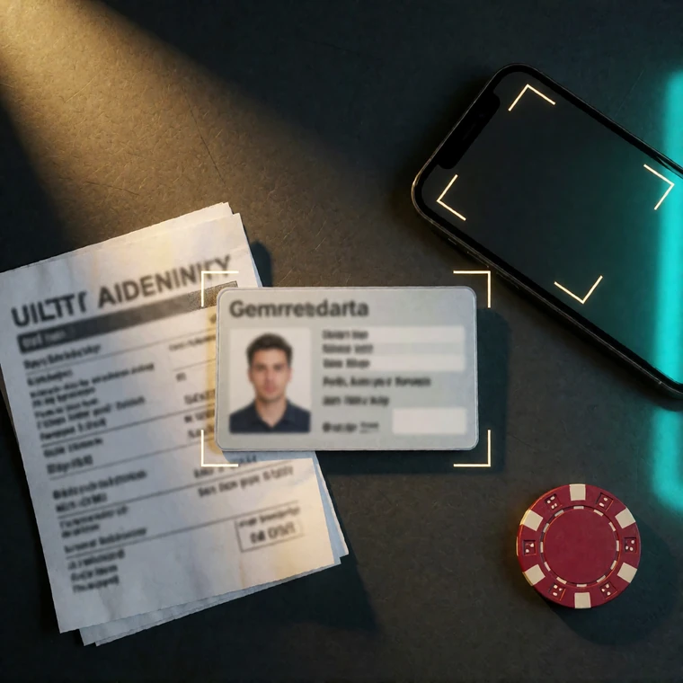 Ausweisdokument und Adressnachweis auf dunklem Tisch mit Smartphone-Kamerarahmen f&uuml;r den Upload zur KYC-Verifizierung