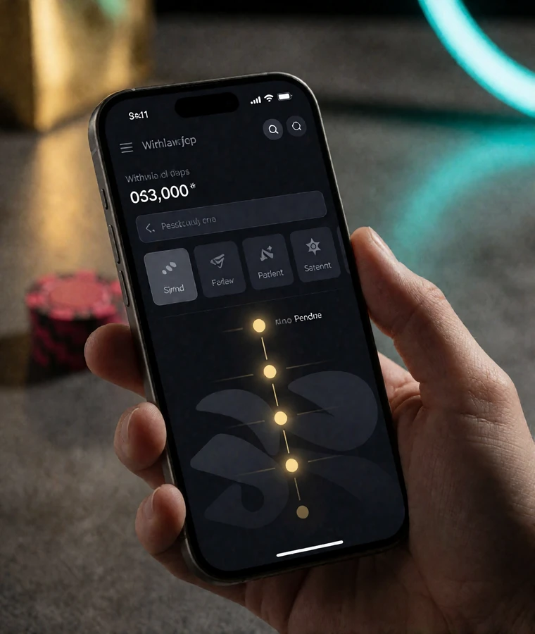 Smartphone zeigt die Kasse eines Online Casinos beim Auszahlungsschritt mit Betragsfeld und Status-Zeitleiste