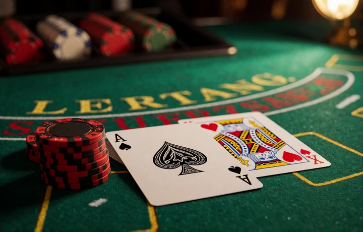 Blackjack-Hand mit Ass und K&ouml;nig auf gr&uuml;nem Filz neben Chips als Symbolbild f&uuml;r Blackjack online bei V.Vegas Casino