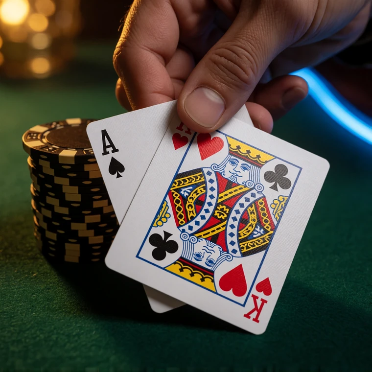 Blackjack-Hand mit Ass und K&ouml;nig gegen eine offene Sechs des Dealers auf gr&uuml;nem Filz als Beispiel f&uuml;r die Basisstrategie