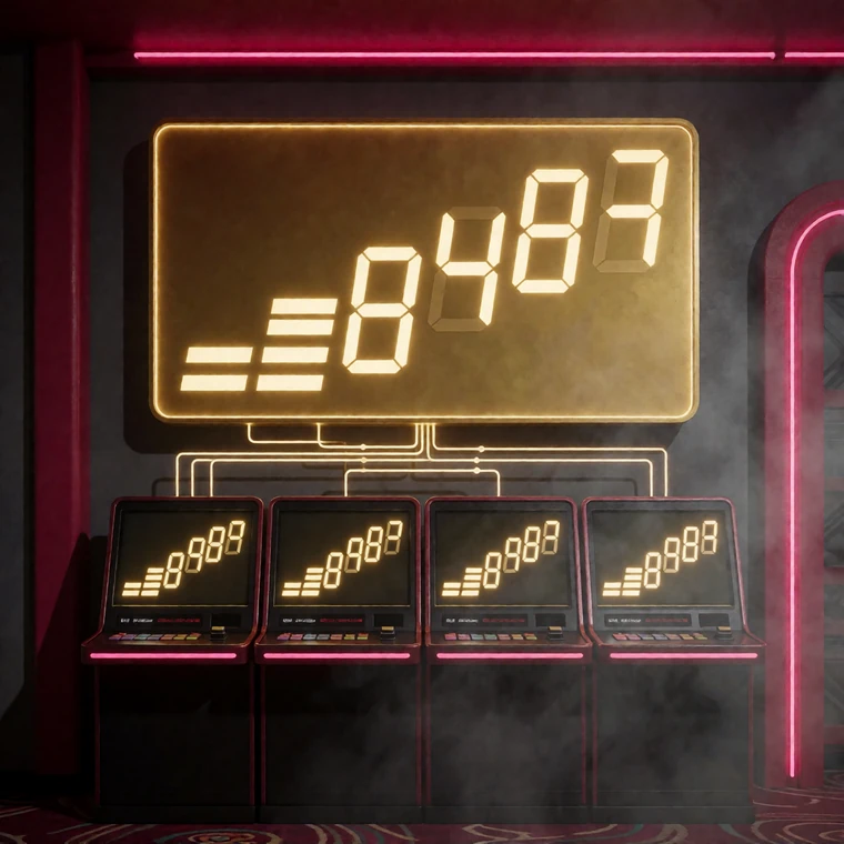 Vernetzte Jackpot-Anzeige &uuml;ber gekoppelten Automaten als Symbolbild f&uuml;r progressive Jackpots und Daily Drops bei V.Vegas