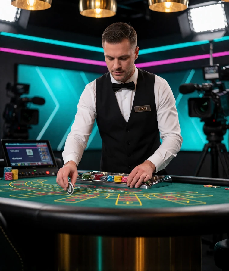 Deutschsprachiger Croupier im Live-Casino-Studio von V.Vegas am gr&uuml;nen Tisch, im Hintergrund Kameras und Neonlicht