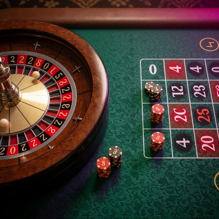 Roulette-Rad mit einer Null neben dem Einsatztuch mit markierten Inside- und Outside-Feldern als Erkl&auml;rbild zu den Roulette-Regeln