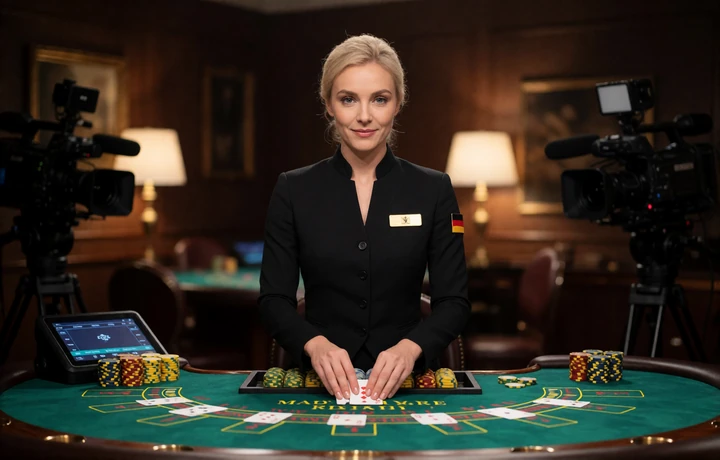 Live-Dealerin am gr&uuml;nen Kartentisch im Studio als Symbolbild f&uuml;r das Live-Casino mit deutschsprachigen Dealern