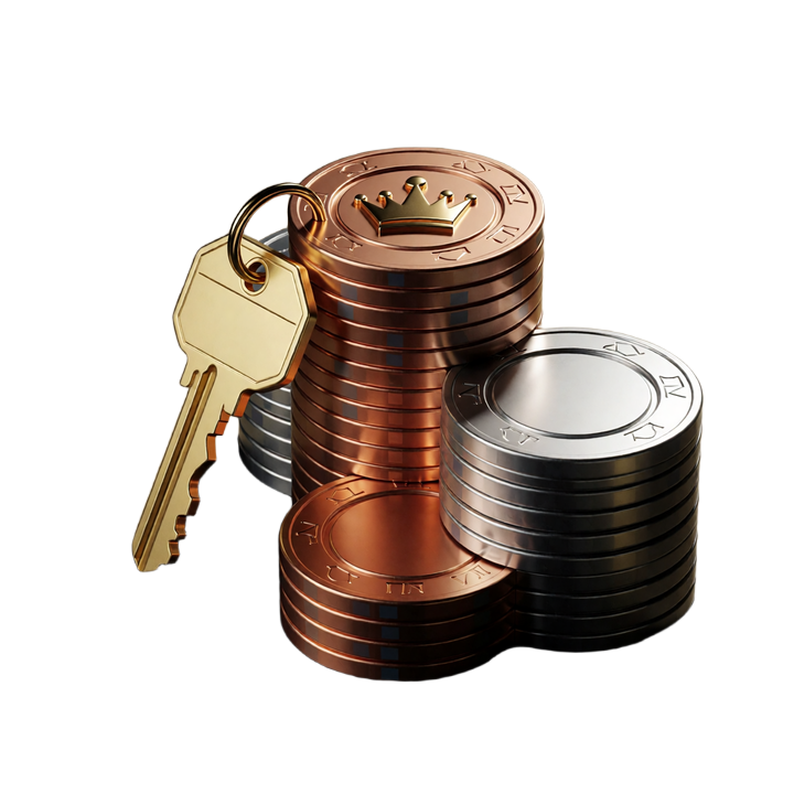 Treue-Emblem aus gestapelten Casino-Chips in Bronze, Silber und Gold mit Schl&uuml;sselkarte f&uuml;r das V.Vegas VIP-Programm