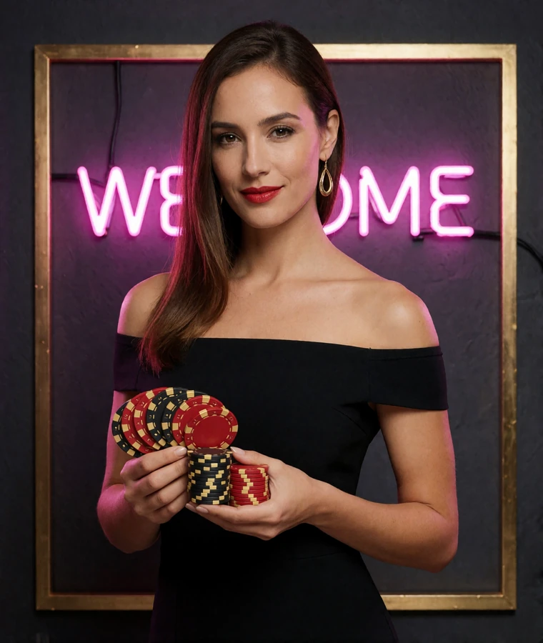 Model pr&auml;sentiert einen F&auml;cher aus Casino-Chips vor einer Neon-Willkommenswand - Symbolbild f&uuml;r den V.Vegas Willkommensbonus