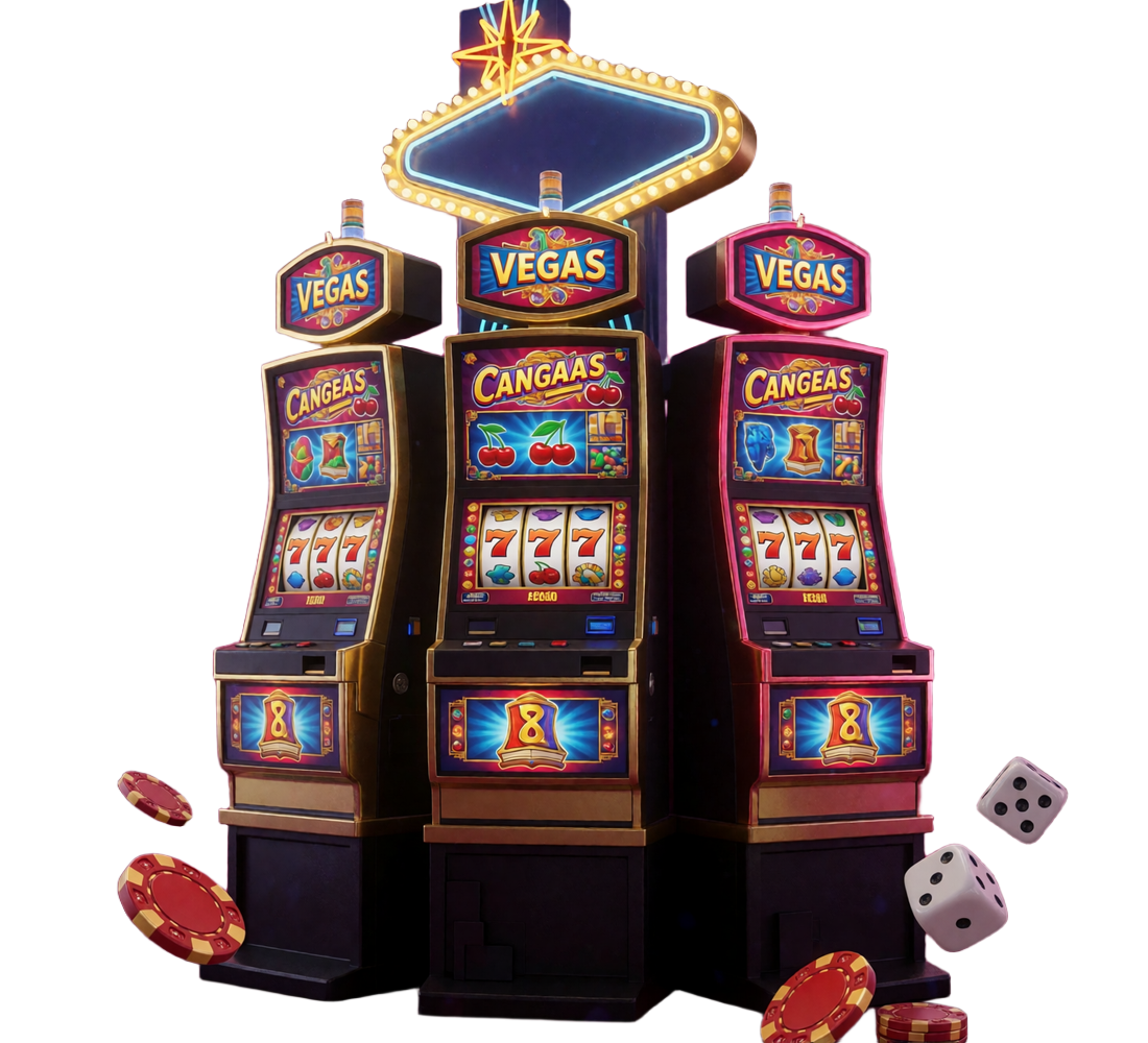 Beleuchtete Spielautomaten mit Neon-Vegas-Schriftzug als Symbolbild f&uuml;r die Online Slots im Katalog von V.Vegas Casino