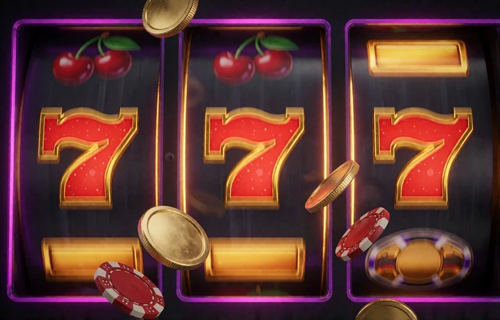 Leuchtende Slot-Walzen mit roten Siebenern und Goldm&uuml;nzen als Symbolbild f&uuml;r Online Slots bei V.Vegas Casino