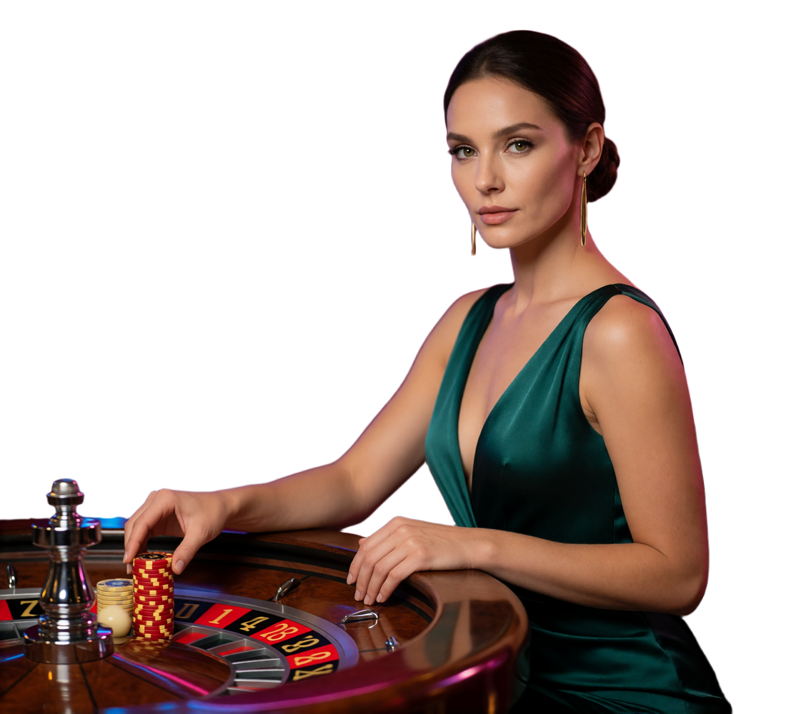 Model Marlene am Roulettetisch im Neonlicht des V.Vegas Live-Casinos, w&auml;hrend die Kugel im Rad l&auml;uft und Chips gesetzt werden