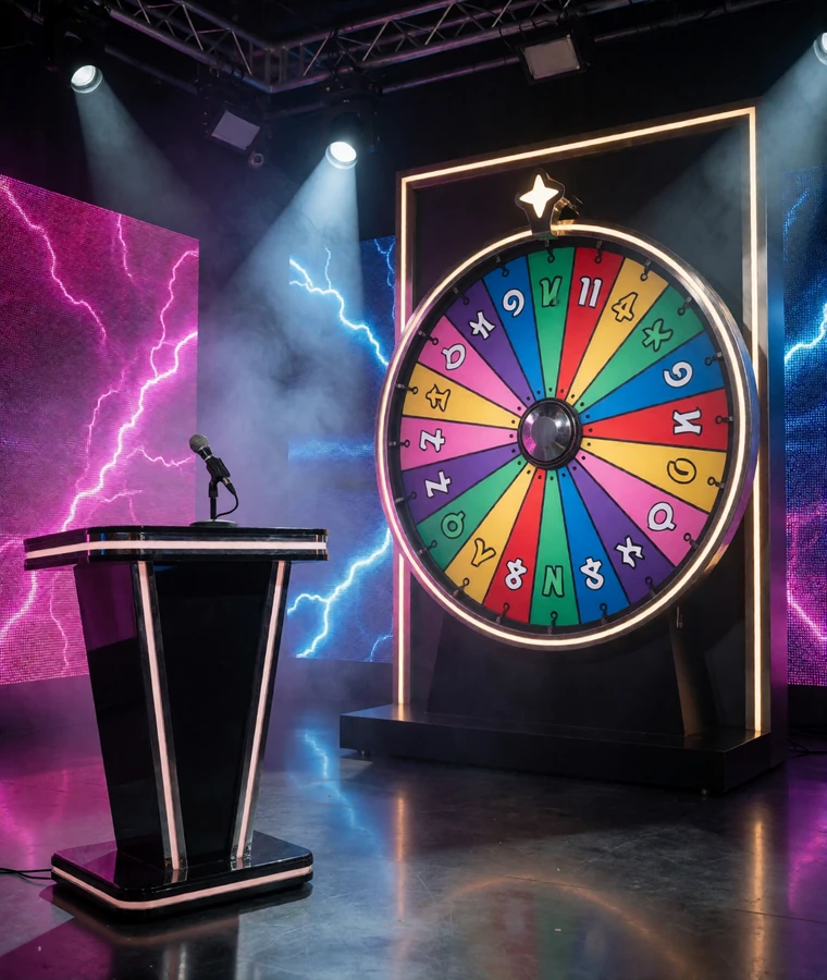Leuchtendes Geldrad mit Multiplikator-Segmenten und Moderatorenpult im Game-Show-Studio des V.Vegas Live-Casinos